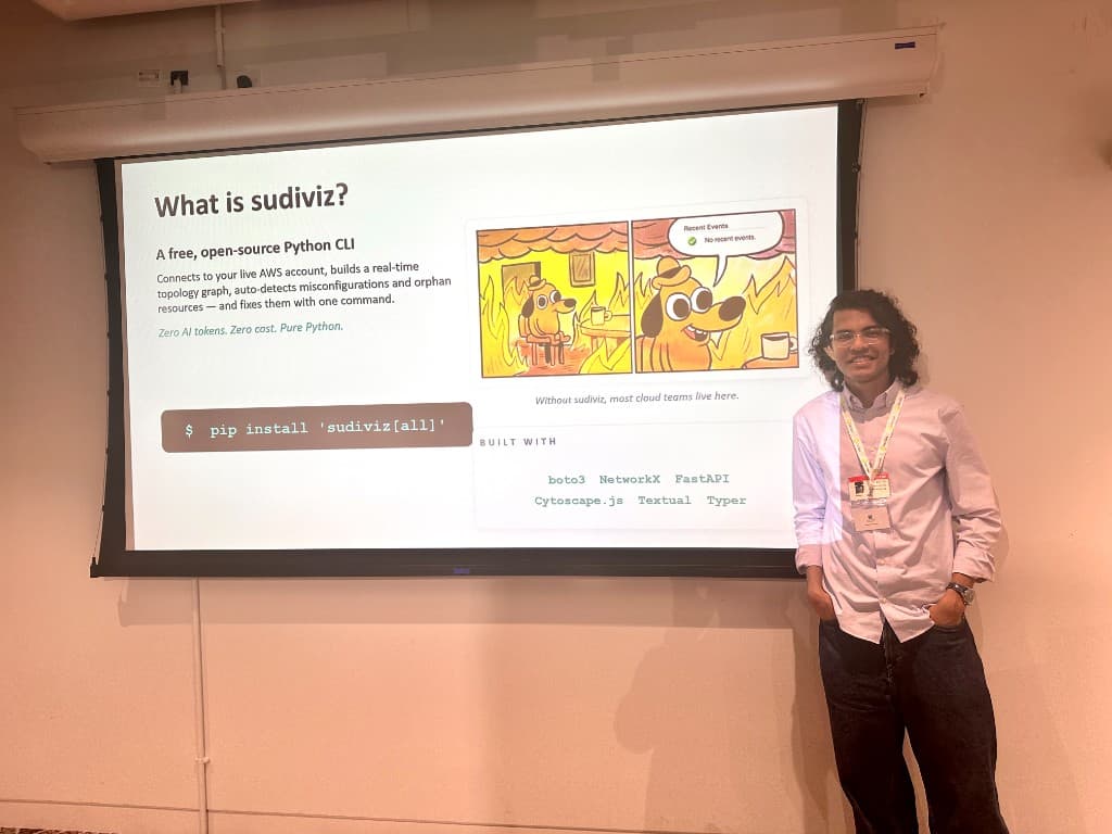 Sudipto presenting the 'What is sudiviz?' slide at the AWS offices in London