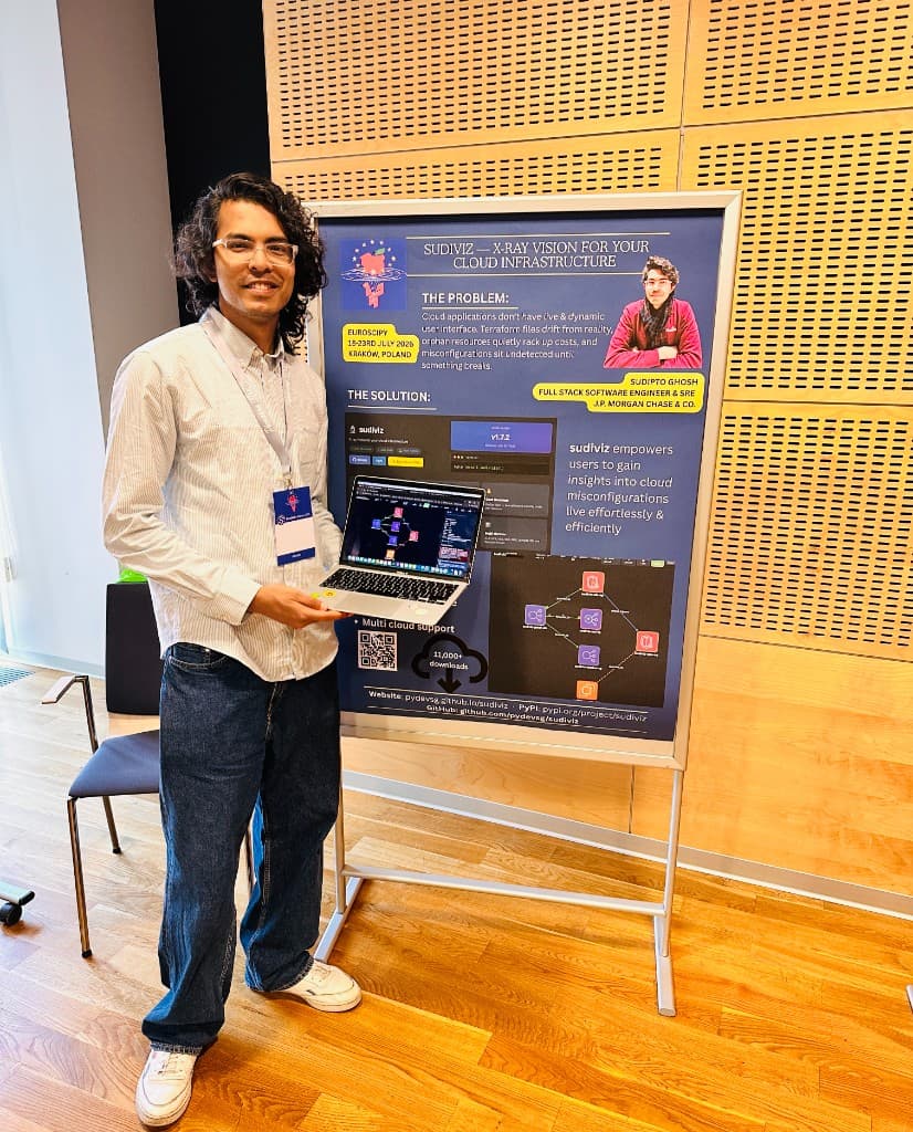 Sudipto presenting the sudiviz poster at EuroSciPy 2026 in Kraków